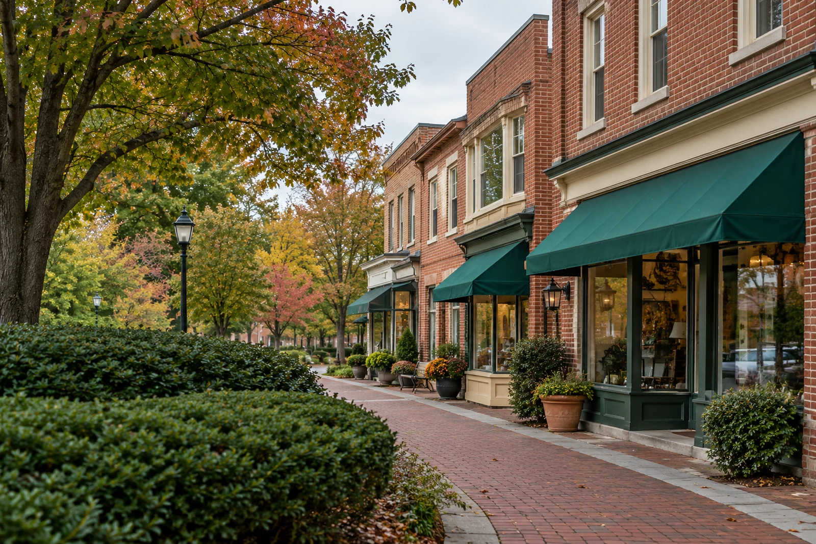 Representative Maryland brick village corner with a tree-lined sidewalk